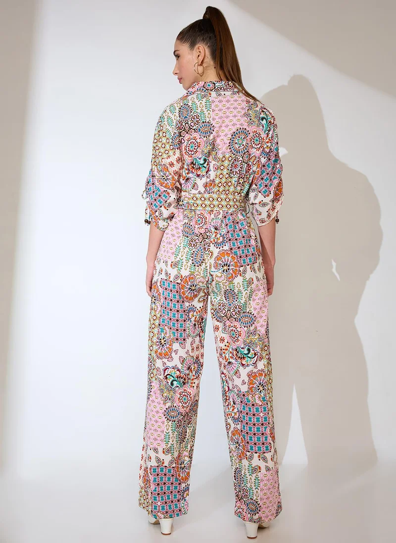 globus  Globus Women Shirt Collar Ruched Sleeves Ethnic Motifs Print Belted Fusion Jumpsuit for Women | Best Price UAE